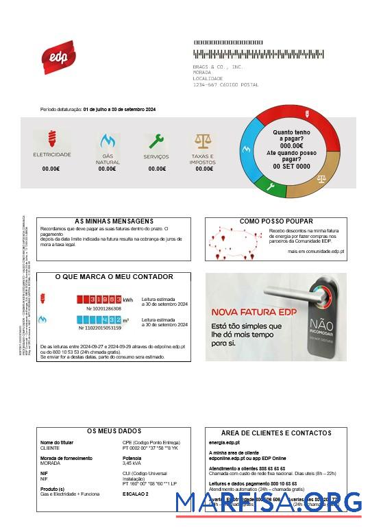 Printable Portugal EDP business utility bill template in Word and PDF formats, good for address prove